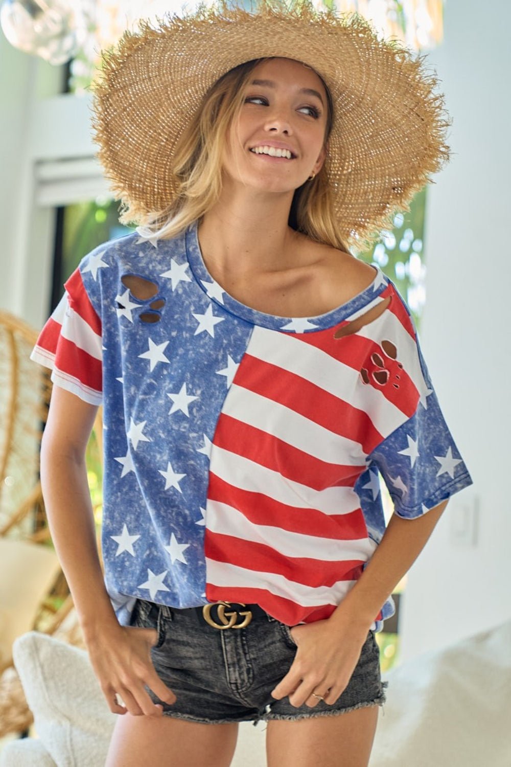 BiBi American Flag Theme Short Sleeve T - Shirt - GlamBee Fashion