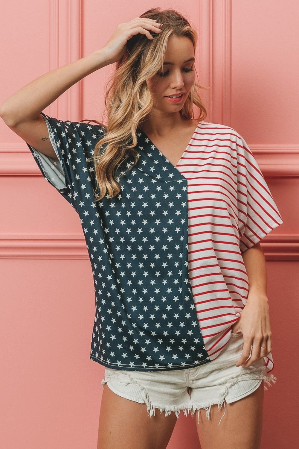 BiBi US Flag Themed Color Block Short Sleeve T - Shirt - GlamBee Fashion