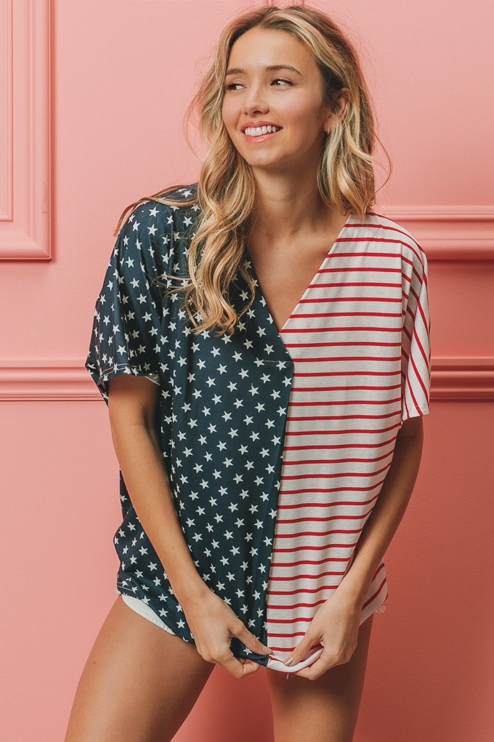 BiBi US Flag Themed Color Block Short Sleeve T - Shirt - GlamBee Fashion