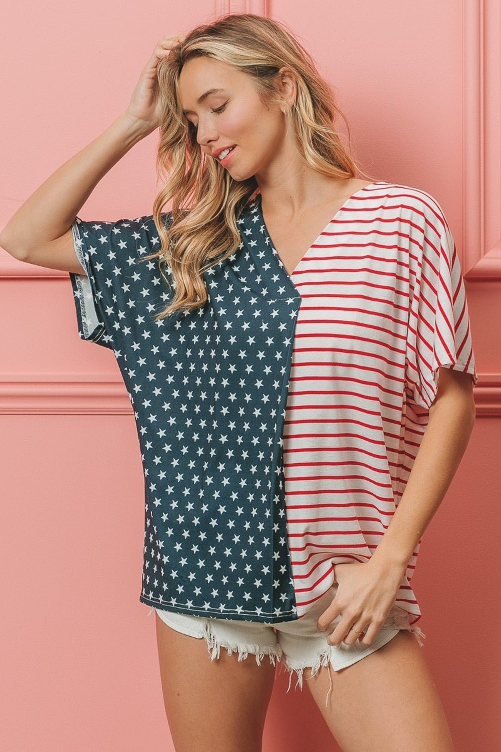 BiBi US Flag Themed Color Block Short Sleeve T - Shirt - GlamBee Fashion