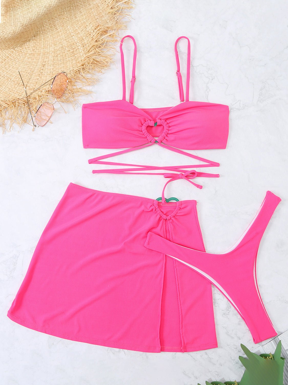 Cutout Spaghetti Strap Three - Piece Swim Set - GlamBee Fashion