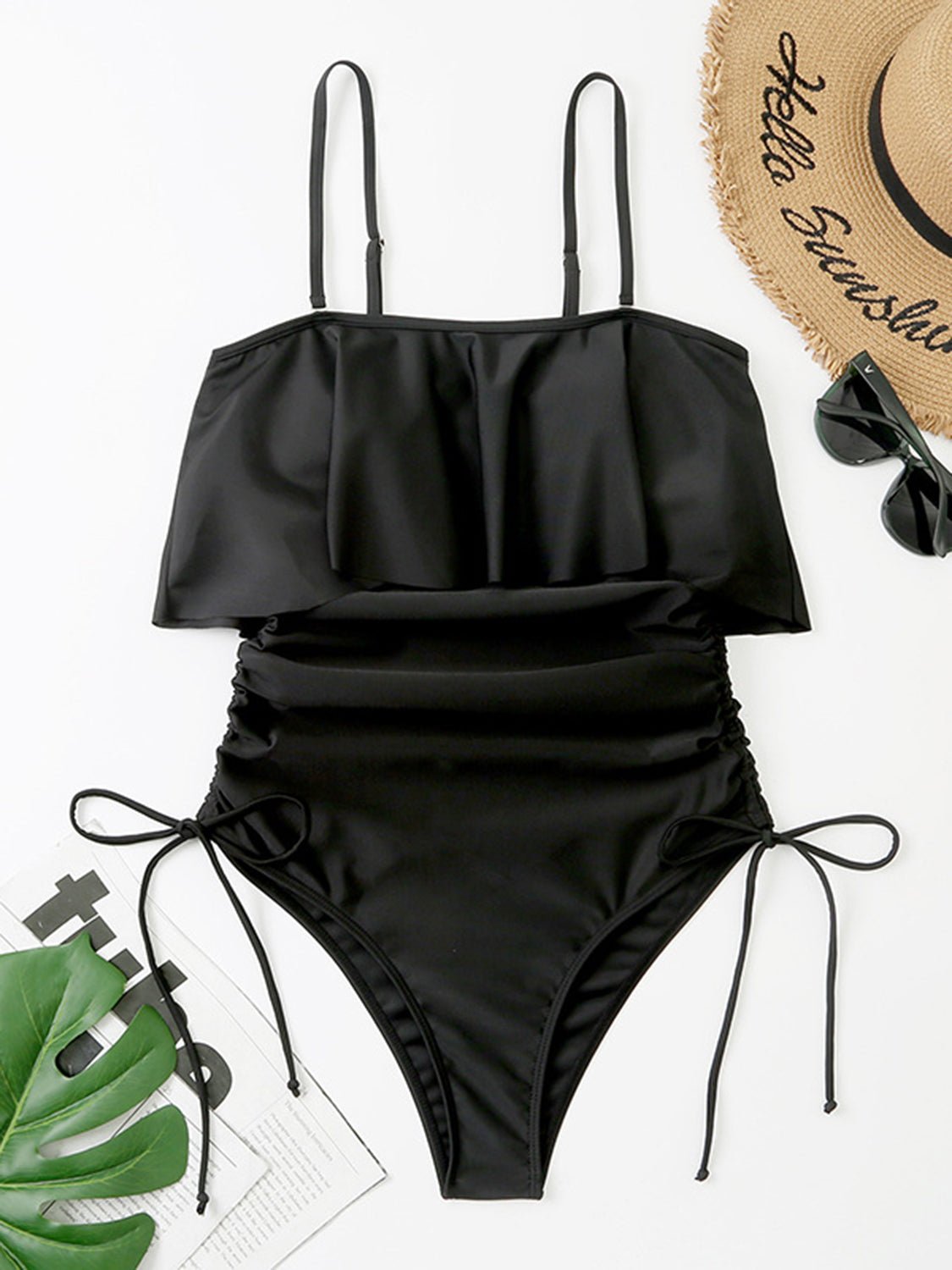 Drawstring Layered Spaghetti Strap One - Piece Swimwear - GlamBee Fashion