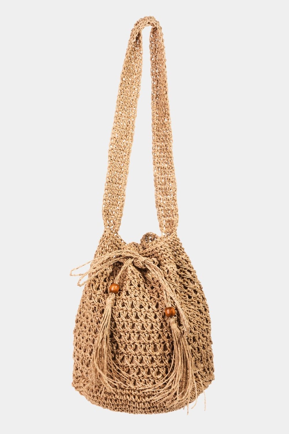 Fame Straw Braided Drawstring Tote Bag with Tassel - GlamBee Fashion