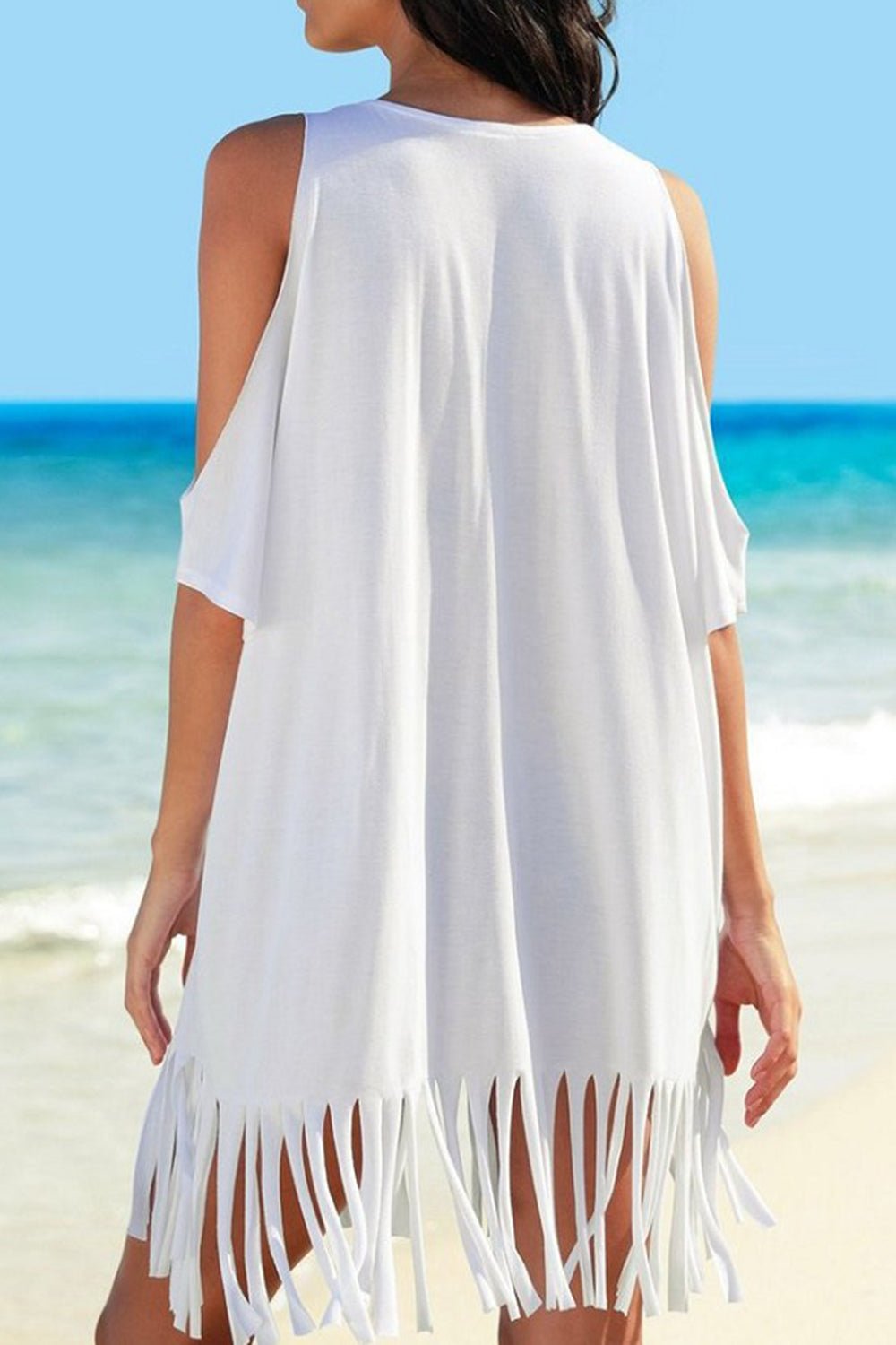 Fringe V - Neck Cold Shoulder Cover Up - GlamBee Fashion