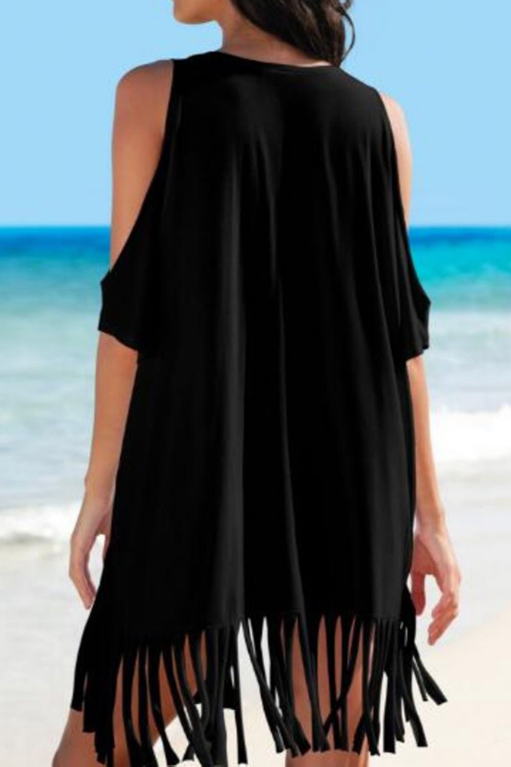 Fringe V - Neck Cold Shoulder Cover Up - GlamBee Fashion