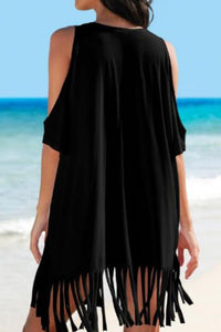 Thumbnail for Fringe V - Neck Cold Shoulder Cover Up - GlamBee Fashion