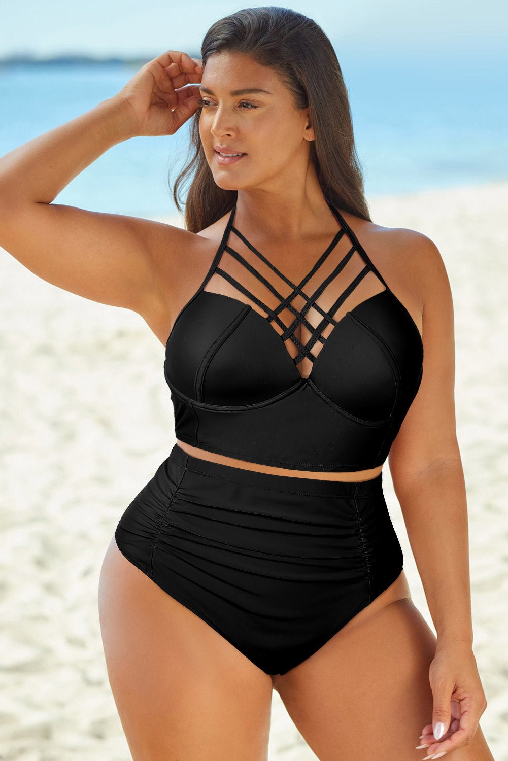 Full Size Halter Neck Crisscross Ruched Two - Piece Swimsuit - GlamBee Fashion