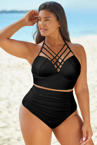 Thumbnail for Full Size Halter Neck Crisscross Ruched Two - Piece Swimsuit - GlamBee Fashion