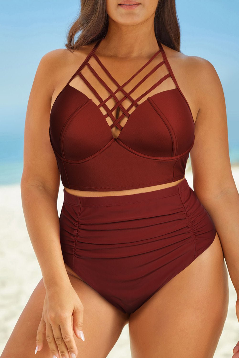 Full Size Halter Neck Crisscross Ruched Two - Piece Swimsuit - GlamBee Fashion