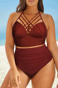 Thumbnail for Full Size Halter Neck Crisscross Ruched Two - Piece Swimsuit - GlamBee Fashion