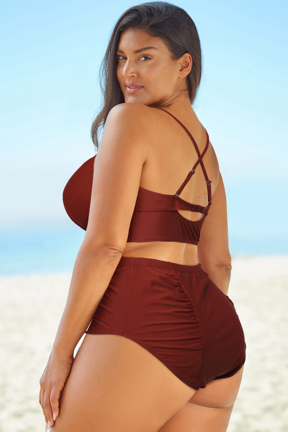 Full Size Halter Neck Crisscross Ruched Two - Piece Swimsuit - GlamBee Fashion