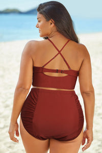 Thumbnail for Full Size Halter Neck Crisscross Ruched Two - Piece Swimsuit - GlamBee Fashion