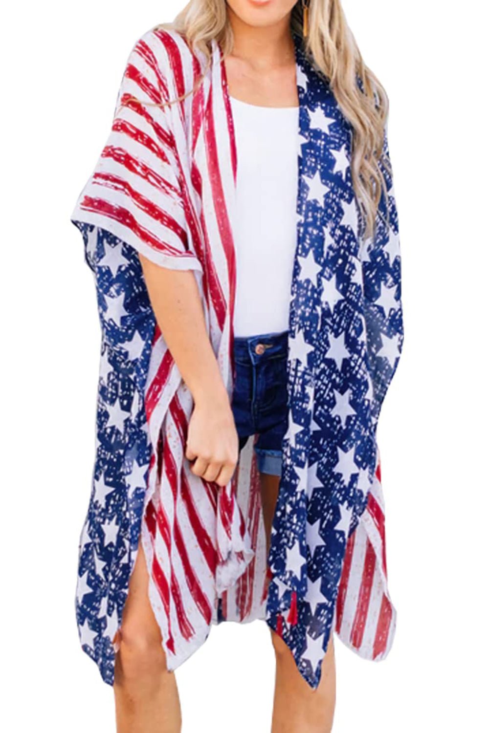 Full Size Star & Stripes Open Front Cover Up - GlamBee Fashion