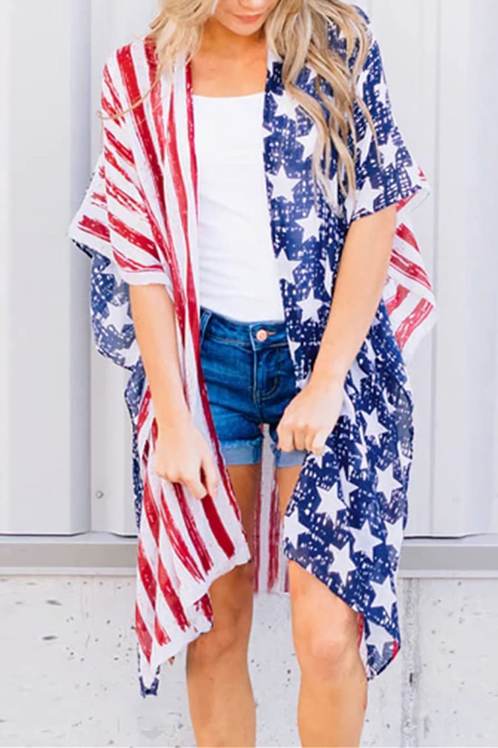 Full Size Star & Stripes Open Front Cover Up - GlamBee Fashion