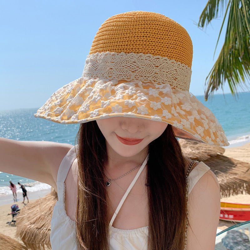 Lace Bow Straw Fisherman Hat Summer Outdoor Sunhat With Large Brim Anti - UV Sunshade And Face Protection Hat - GlamBee Fashion