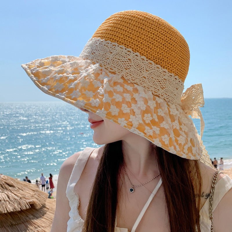 Lace Bow Straw Fisherman Hat Summer Outdoor Sunhat With Large Brim Anti - UV Sunshade And Face Protection Hat - GlamBee Fashion