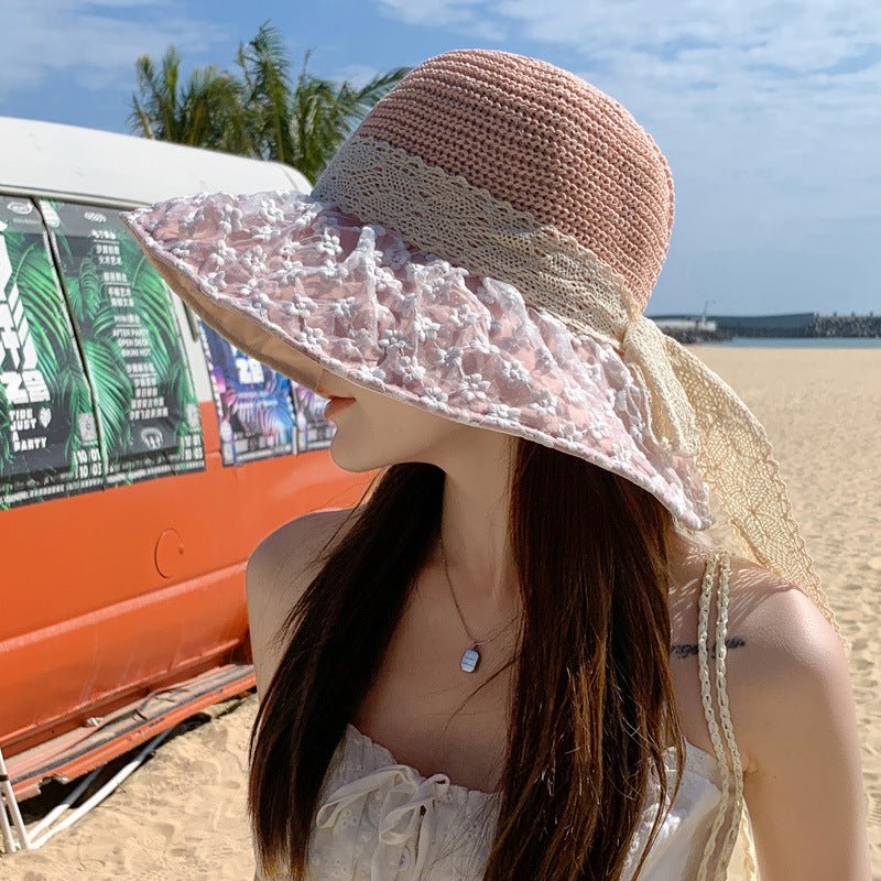 Lace Bow Straw Fisherman Hat Summer Outdoor Sunhat With Large Brim Anti - UV Sunshade And Face Protection Hat - GlamBee Fashion