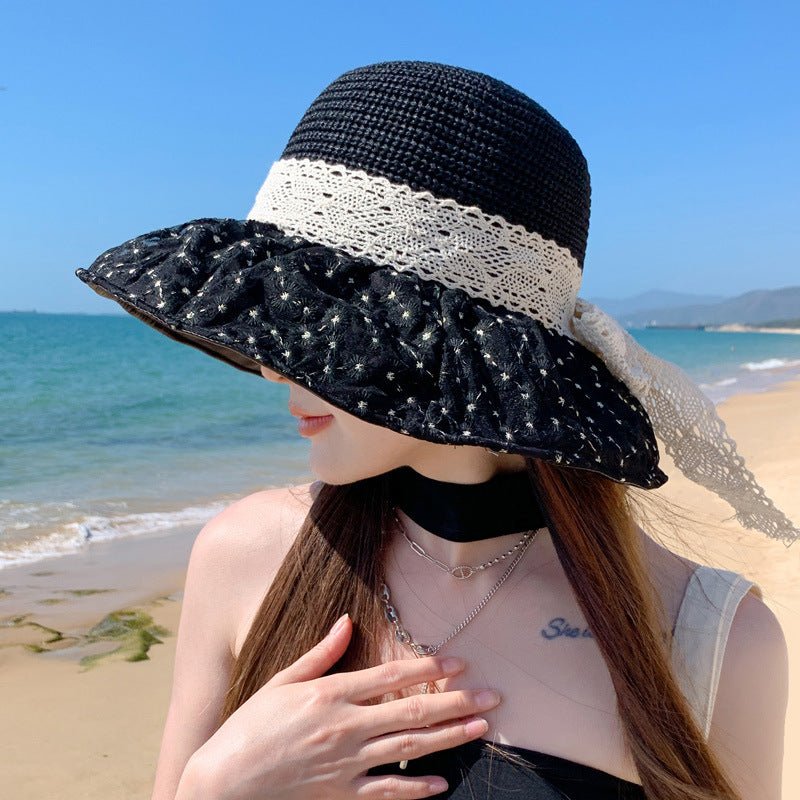 Lace Bow Straw Fisherman Hat Summer Outdoor Sunhat With Large Brim Anti - UV Sunshade And Face Protection Hat - GlamBee Fashion