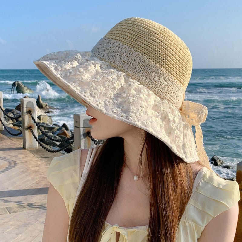 Lace Bow Straw Fisherman Hat Summer Outdoor Sunhat With Large Brim Anti - UV Sunshade And Face Protection Hat - GlamBee Fashion