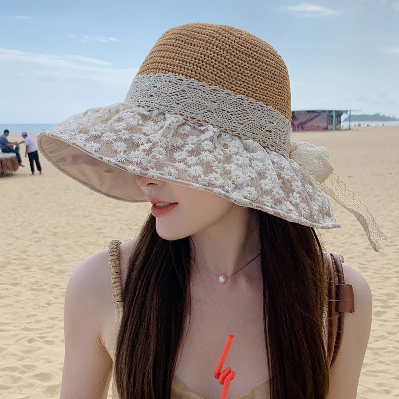 Lace Bow Straw Fisherman Hat Summer Outdoor Sunhat With Large Brim Anti - UV Sunshade And Face Protection Hat - GlamBee Fashion