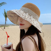 Thumbnail for Lace Bow Straw Fisherman Hat Summer Outdoor Sunhat With Large Brim Anti - UV Sunshade And Face Protection Hat - GlamBee Fashion