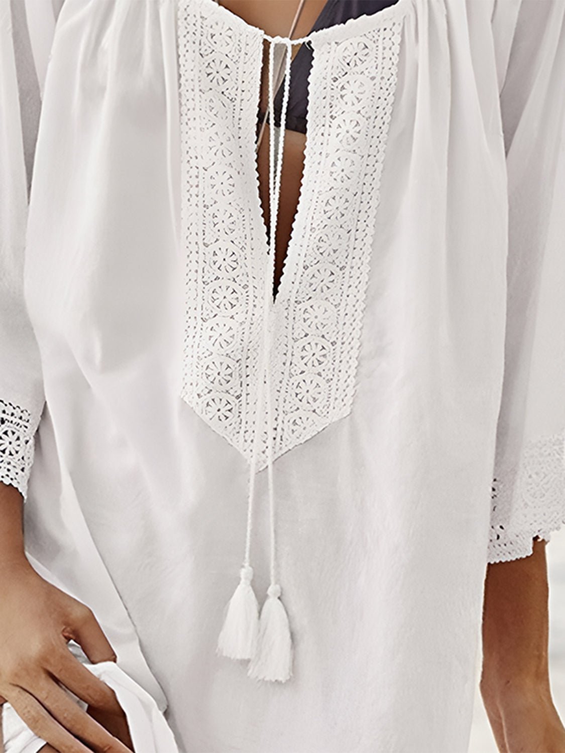 Lace Detail Tie Neck Three - Quarter Sleeve Cover Up - GlamBee Fashion