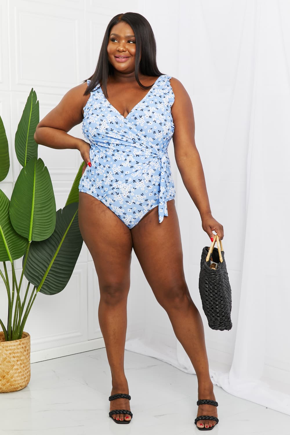 Marina West Swim Full Size Float On Ruffle Faux Wrap One - Piece in Blossom Blue - GlamBee Fashion