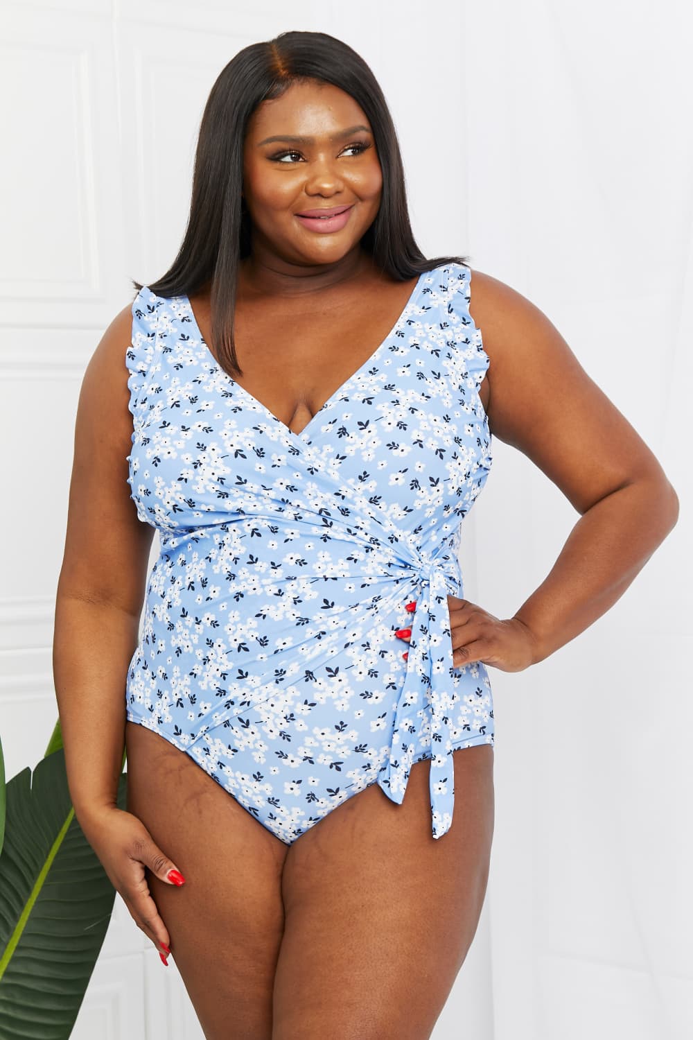 Marina West Swim Full Size Float On Ruffle Faux Wrap One - Piece in Blossom Blue - GlamBee Fashion