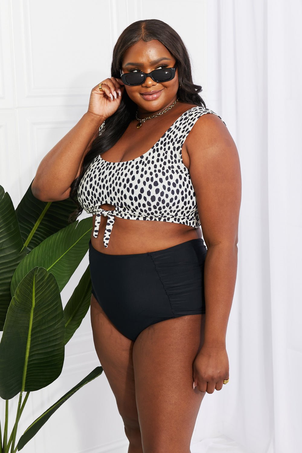 Marina West Swim Sanibel Crop Swim Top and Ruched Bottoms Set in Black - GlamBee Fashion