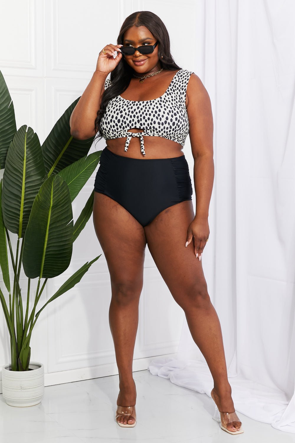 Marina West Swim Sanibel Crop Swim Top and Ruched Bottoms Set in Black - GlamBee Fashion