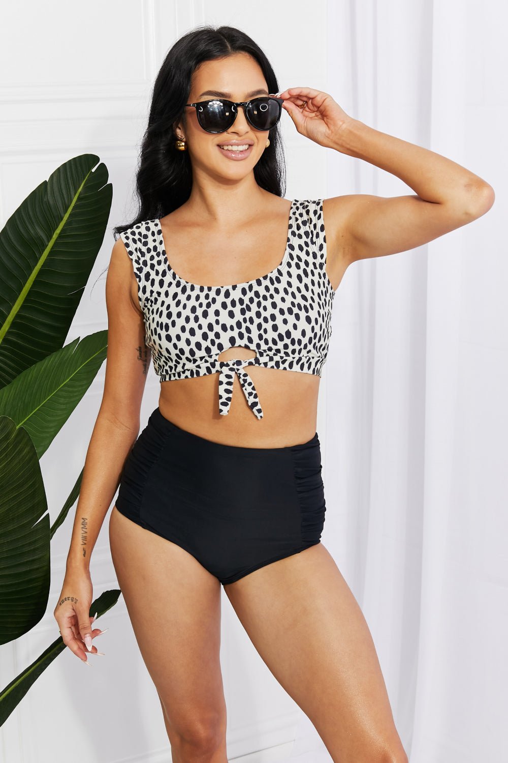 Marina West Swim Sanibel Crop Swim Top and Ruched Bottoms Set in Black - GlamBee Fashion