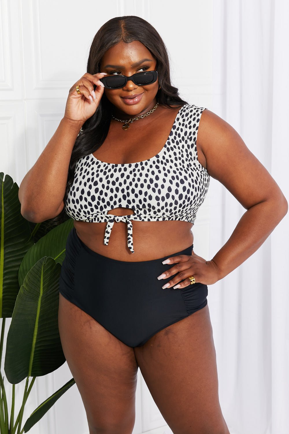 Marina West Swim Sanibel Crop Swim Top and Ruched Bottoms Set in Black - GlamBee Fashion