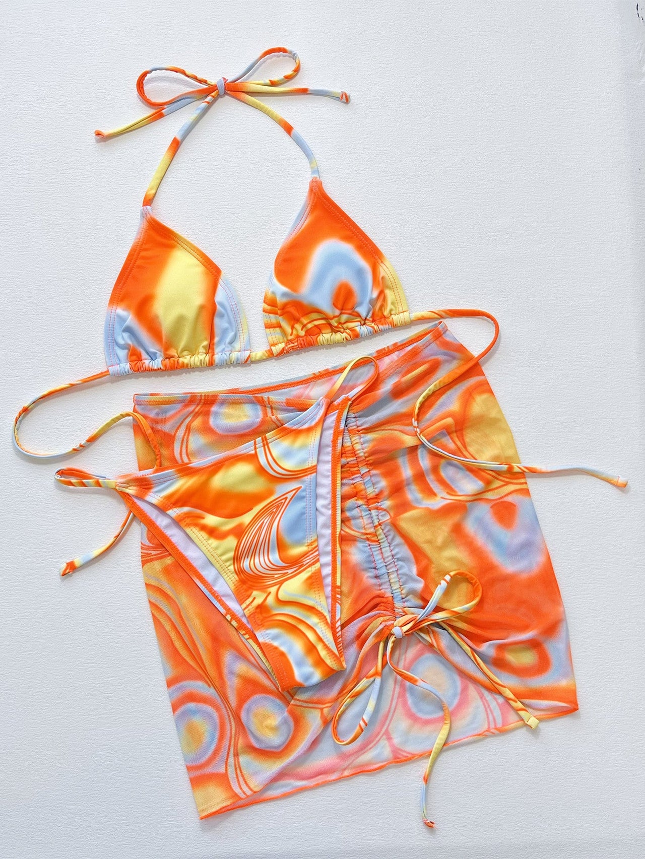 Multicolored Drawstring Ruched Three - Piece Swim Set - GlamBee Fashion