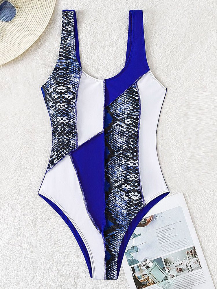 One Piece Swimsuit Snakeskin Print Bodysuit - GlamBee Fashion