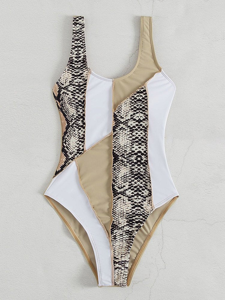 One Piece Swimsuit Snakeskin Print Bodysuit - GlamBee Fashion