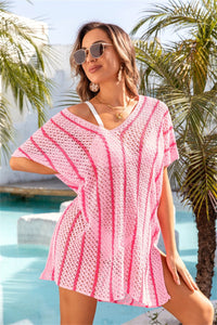 Thumbnail for Openwork V - Neck Short Sleeve Cover Up - GlamBee Fashion