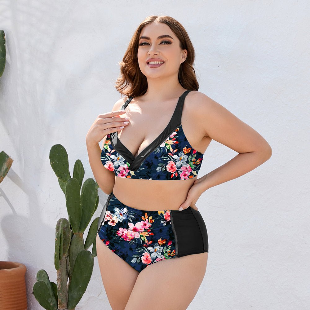 Plus Size Floral High Waist Two - Piece Swim Set - GlamBee Fashion