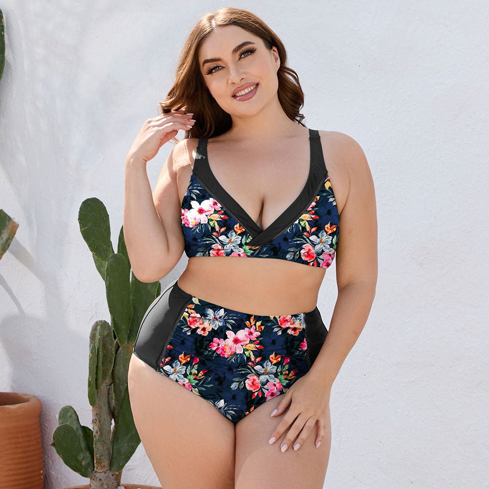 Plus Size Floral High Waist Two - Piece Swim Set - GlamBee Fashion