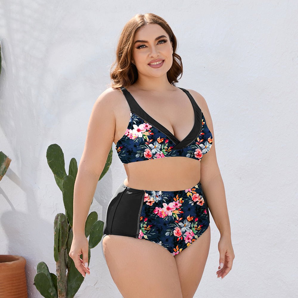 Plus Size Floral High Waist Two - Piece Swim Set - GlamBee Fashion