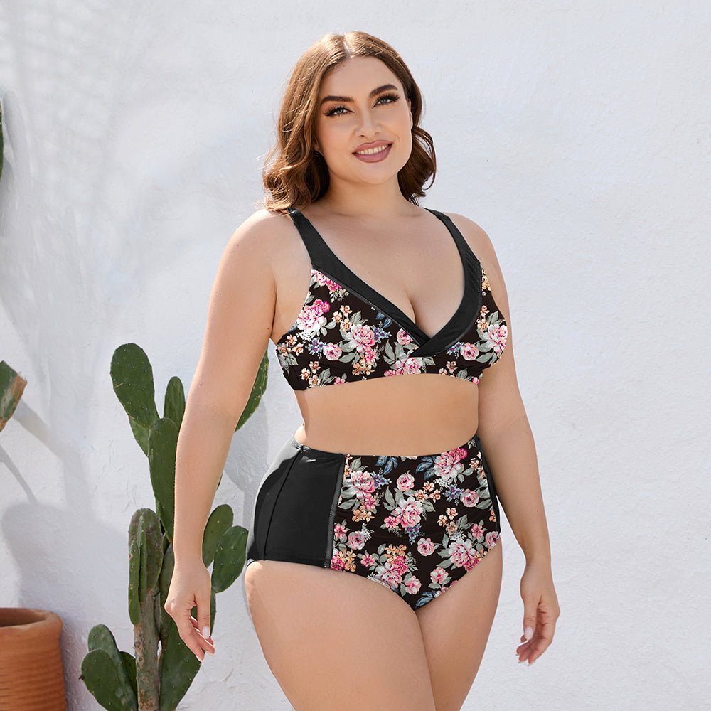 Plus Size Floral High Waist Two - Piece Swim Set - GlamBee Fashion