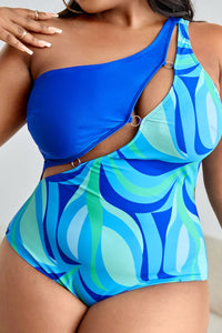 Thumbnail for Plus Size Printed Ring Detail One - Shoulder One - Piece Swimsuit - GlamBee Fashion