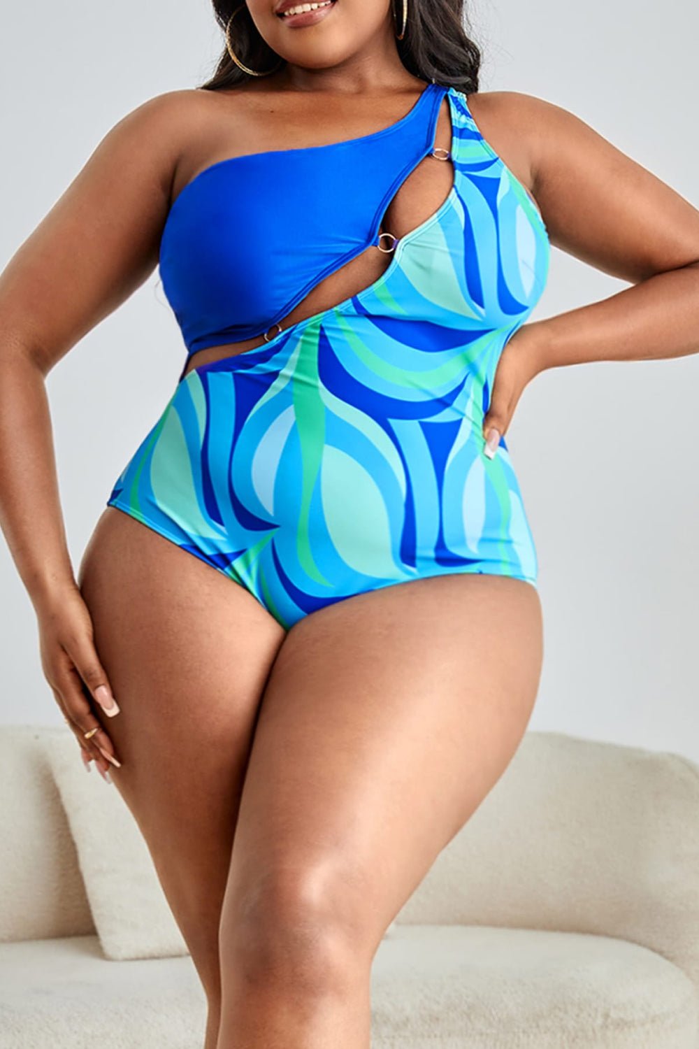 Plus Size Printed Ring Detail One - Shoulder One - Piece Swimsuit - GlamBee Fashion