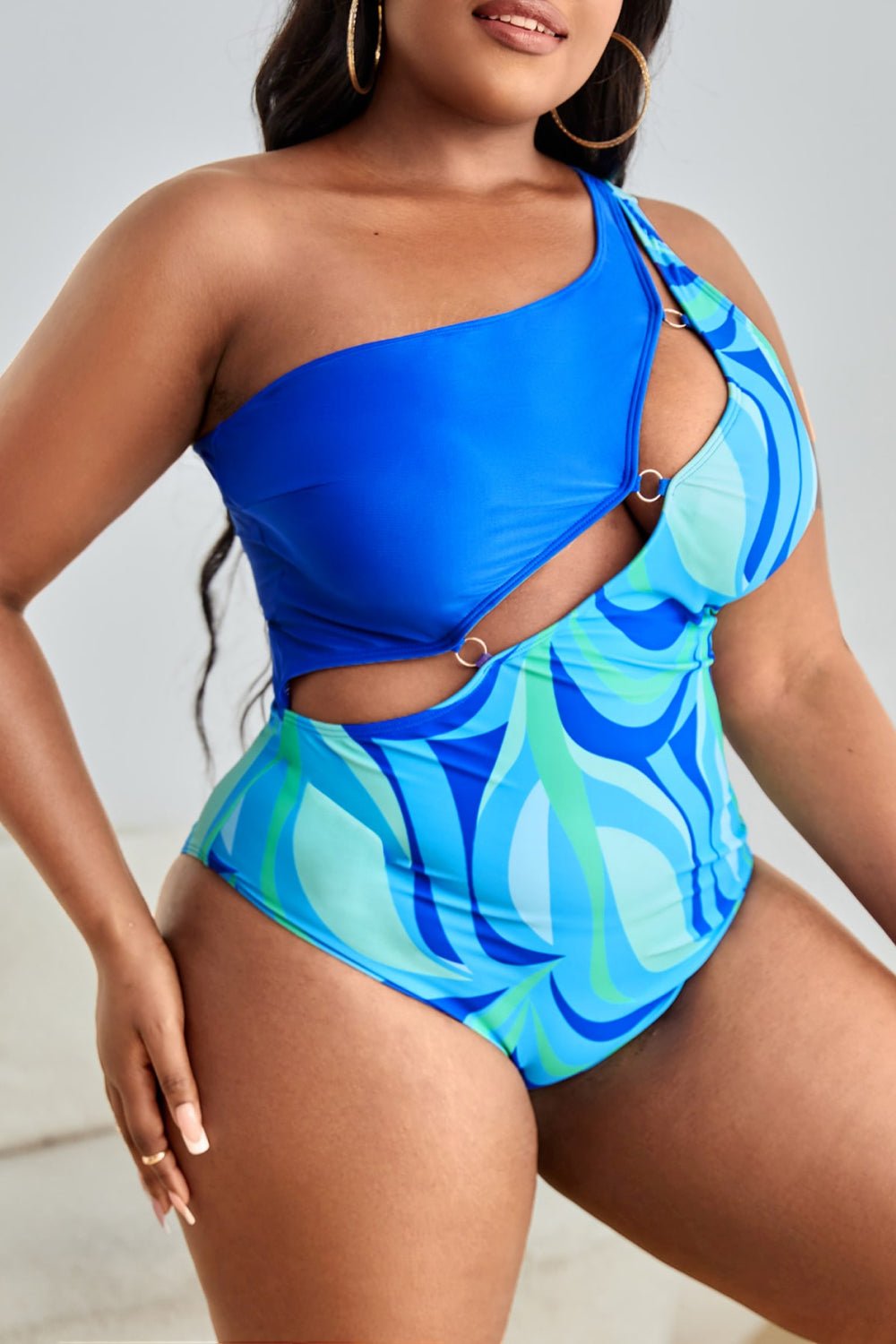 Plus Size Printed Ring Detail One - Shoulder One - Piece Swimsuit - GlamBee Fashion