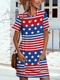 Thumbnail for Pocketd US Flag Printed Short Sleeve Dress - GlamBee Fashion