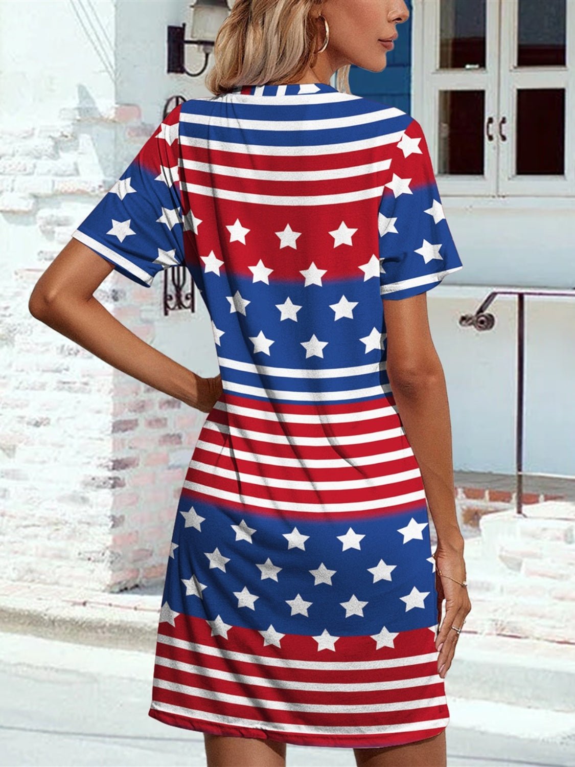 Pocketd US Flag Printed Short Sleeve Dress - GlamBee Fashion