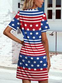 Thumbnail for Pocketd US Flag Printed Short Sleeve Dress - GlamBee Fashion