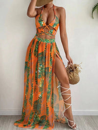 Thumbnail for Printed Halter Neck Three - Piece Swim Set - GlamBee Fashion