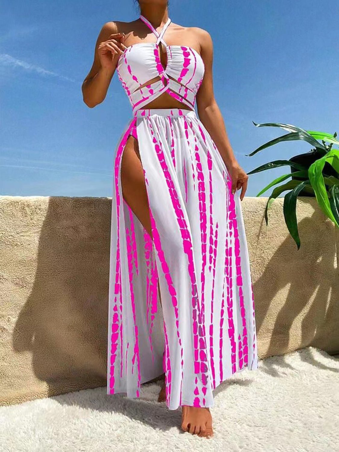 Printed Halter Neck Three - Piece Swim Set - GlamBee Fashion