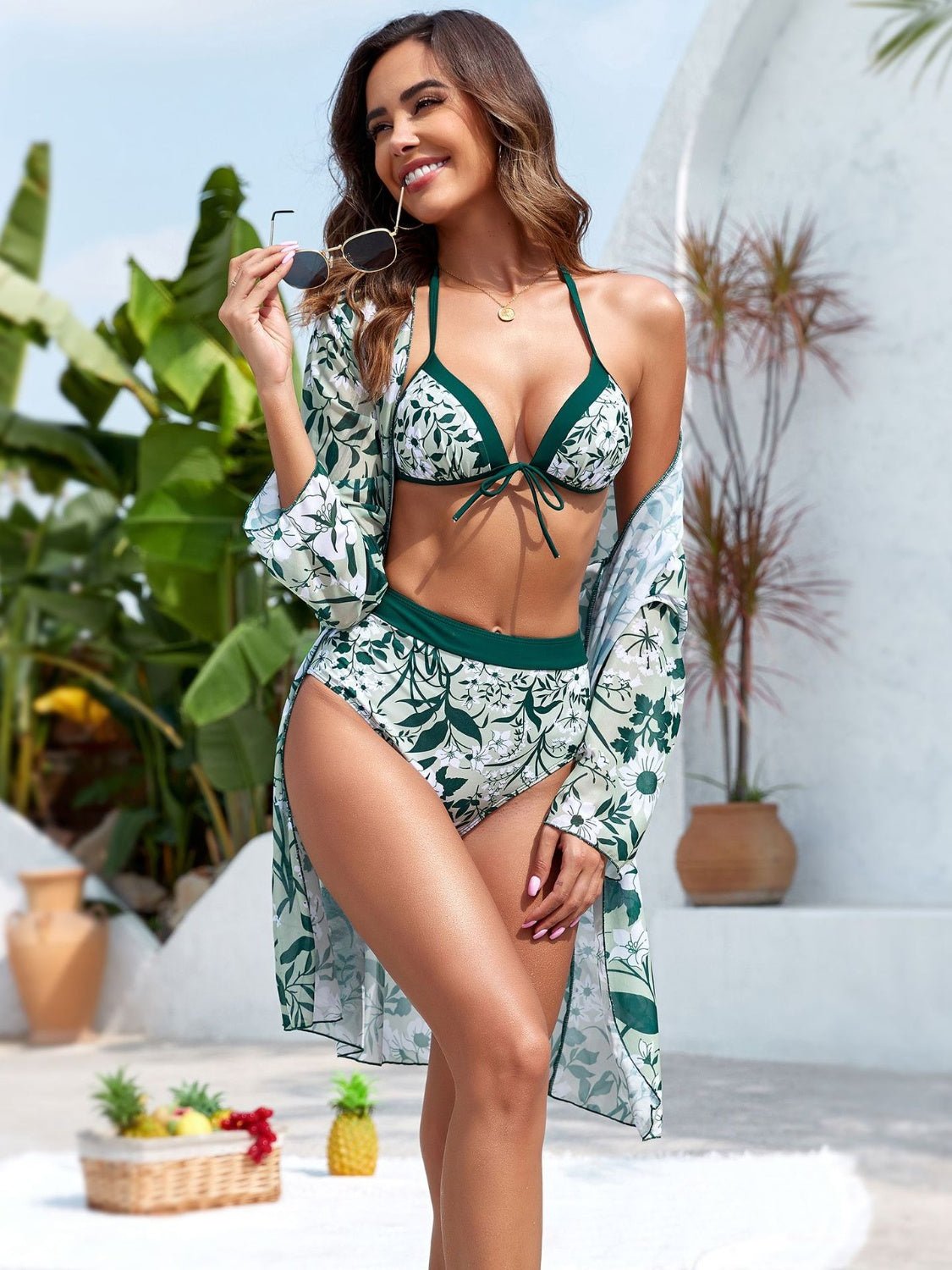 Printed Halter Neck Three - Piece Swim Set - GlamBee Fashion