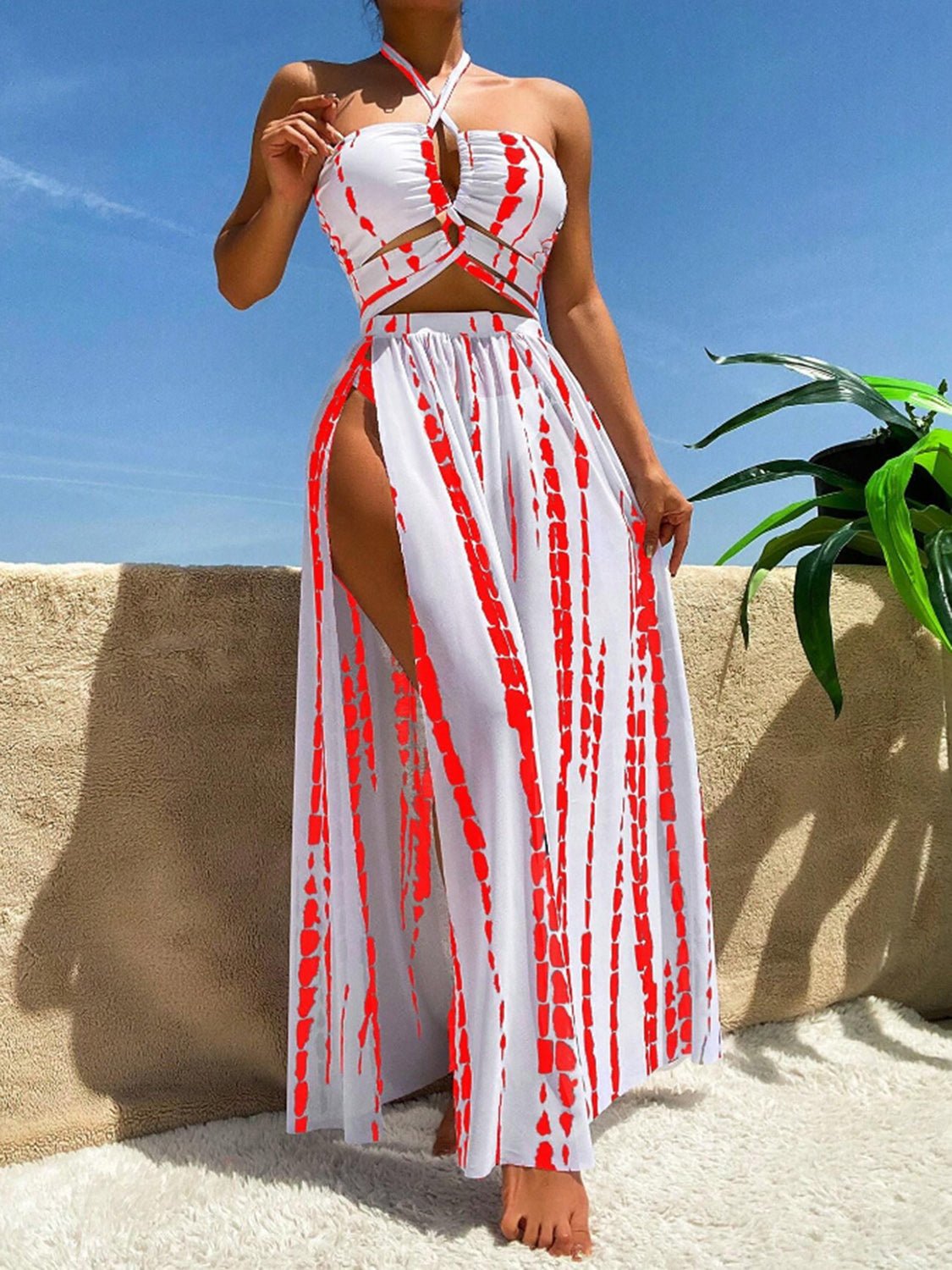 Printed Halter Neck Three - Piece Swim Set - GlamBee Fashion